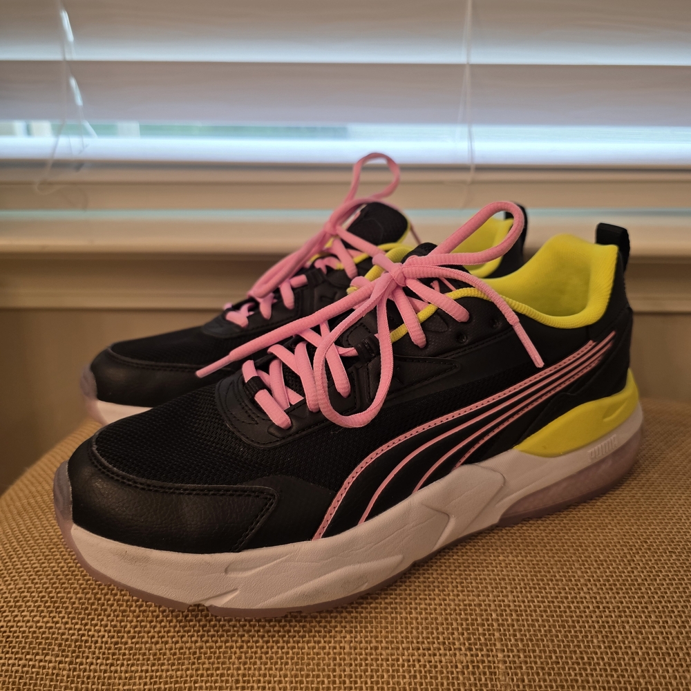 Puma Black and Pink Sneakers with Streamlined Design Women's Size 10